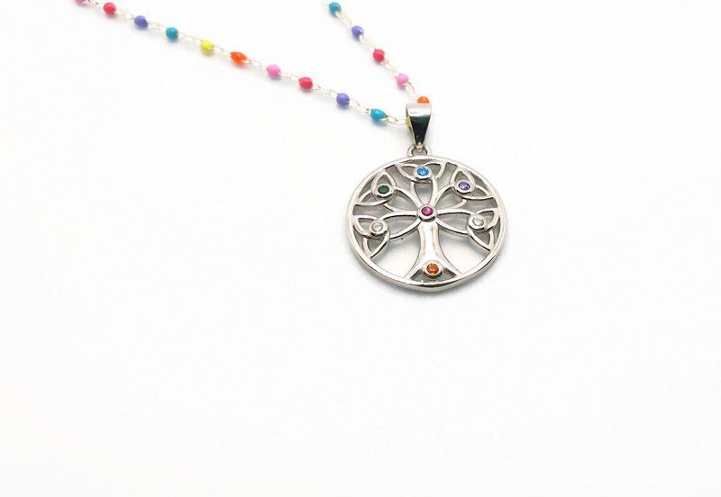 Sterling Silver Tree of Life Necklace: Colorful Enamel Chain, Cubic Zirconia Pendant