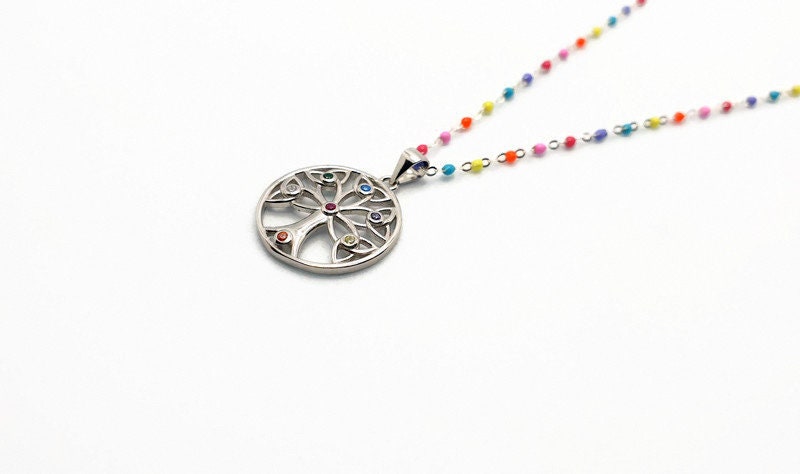 Sterling Silver Tree of Life Necklace: Colorful Enamel Chain, Cubic Zirconia Pendant