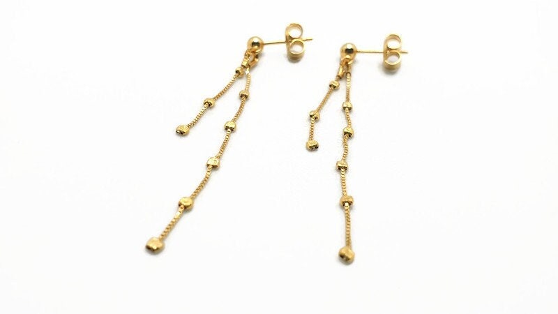 Gold Plated Silver Dangle Chain Earrings: Elegant Long Chain Ball Studs