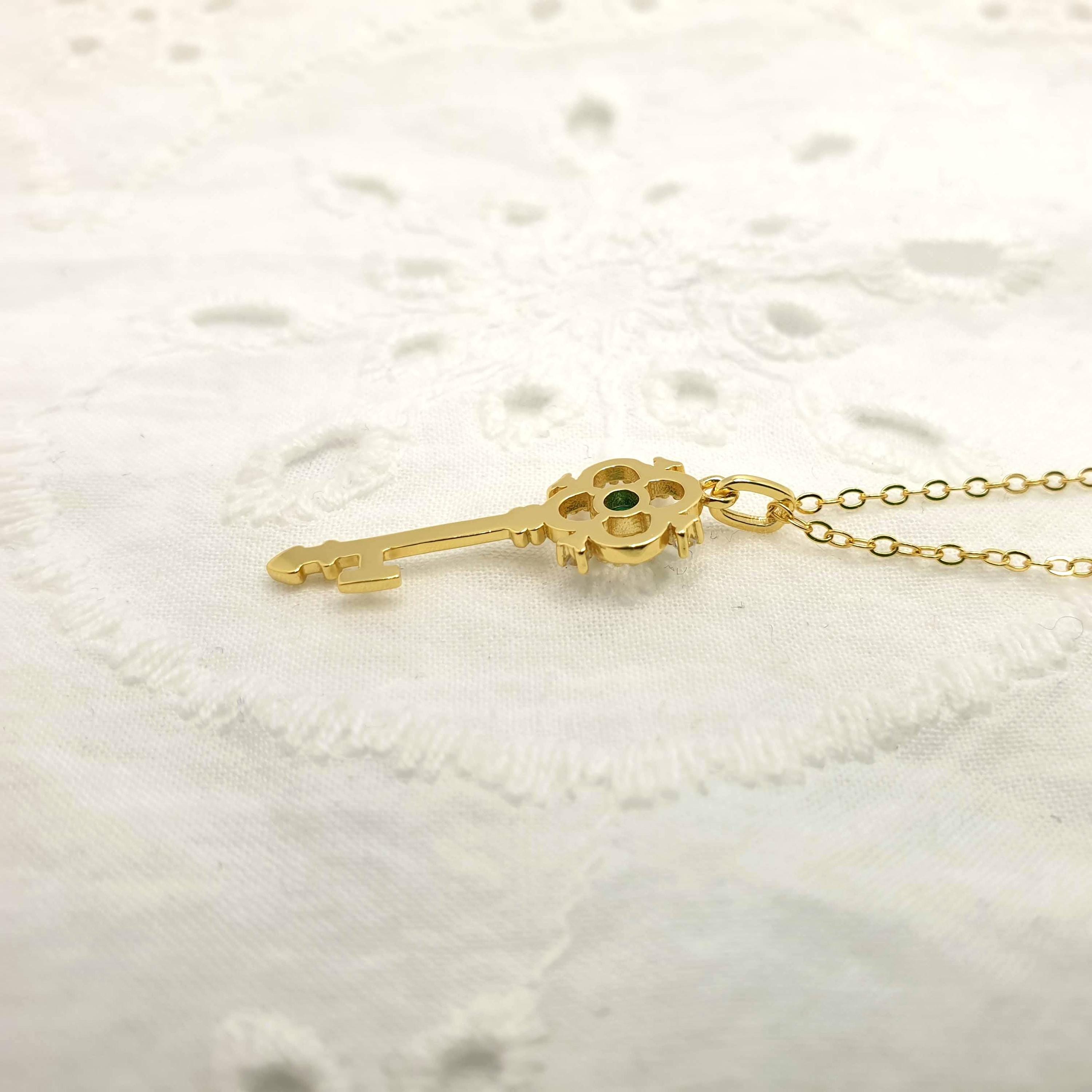 Gold Plated Silver Key Necklace: Green Cubic Zirconia Pendant
