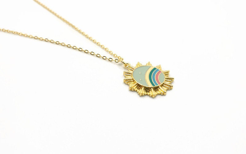 Gold Plated Sunburst Necklace: Rainbow Enamel Pendant