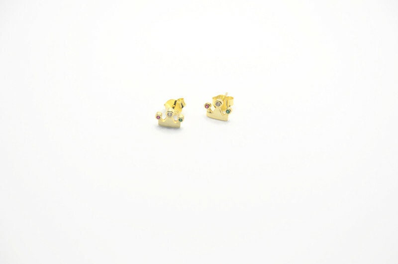 Gold Plated Crown Earrings: Cubic Zirconia Studs