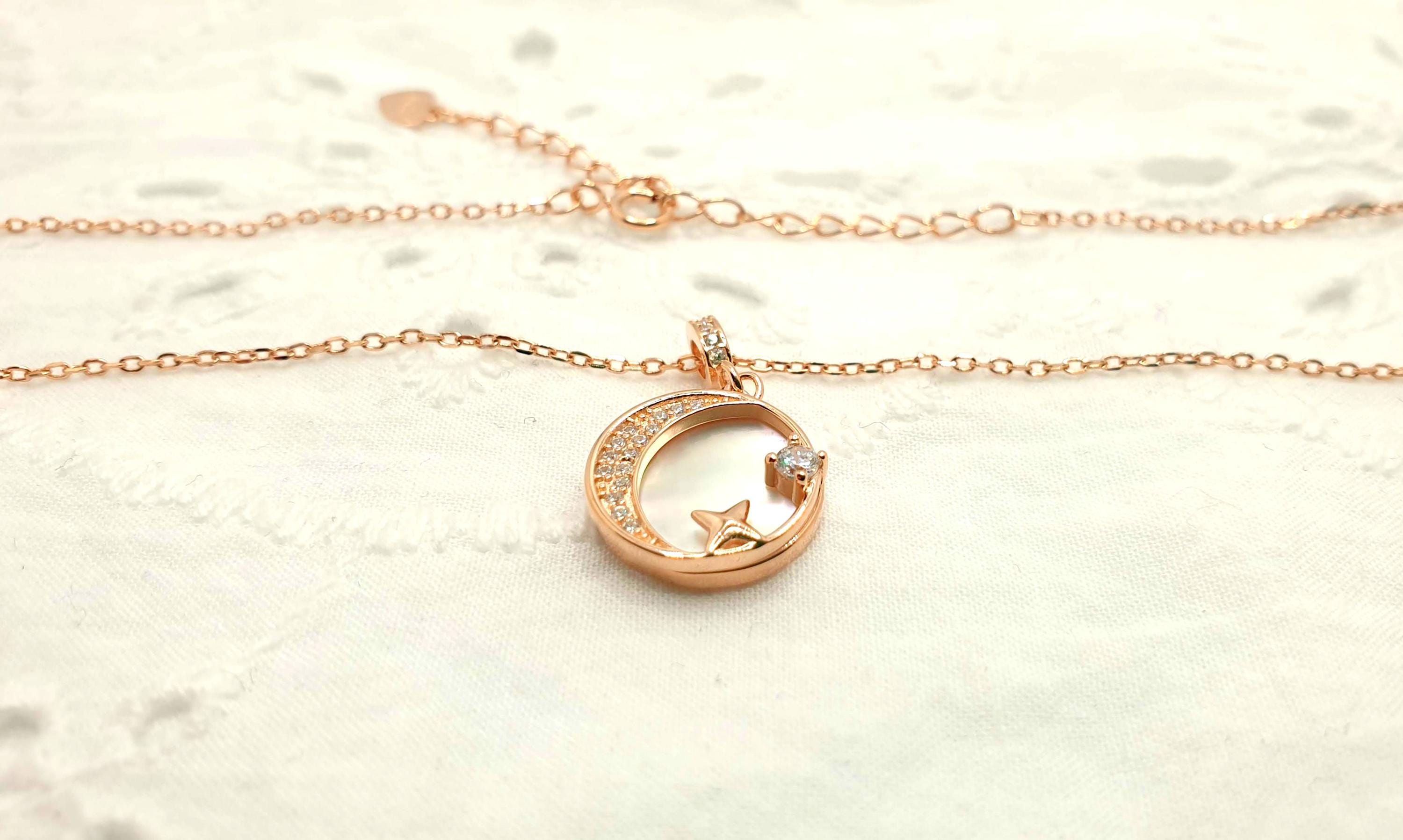 Rose Gold Crescent Moon Necklace: Mother of Pearl Star Pendant
