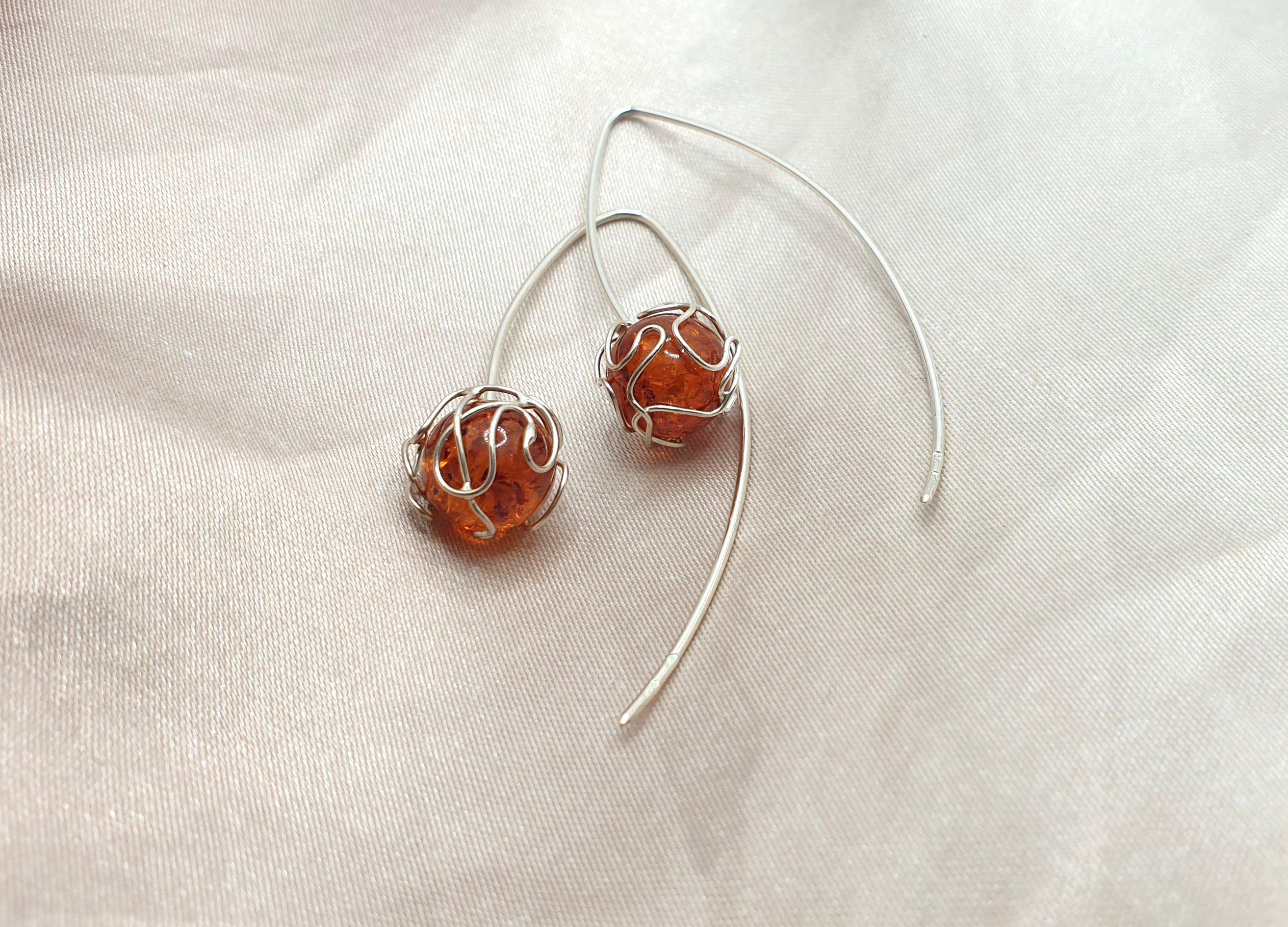 Amber Hoop Earrings – Sterling Silver 925 Long Hook With Cognac Honey Amber Beads