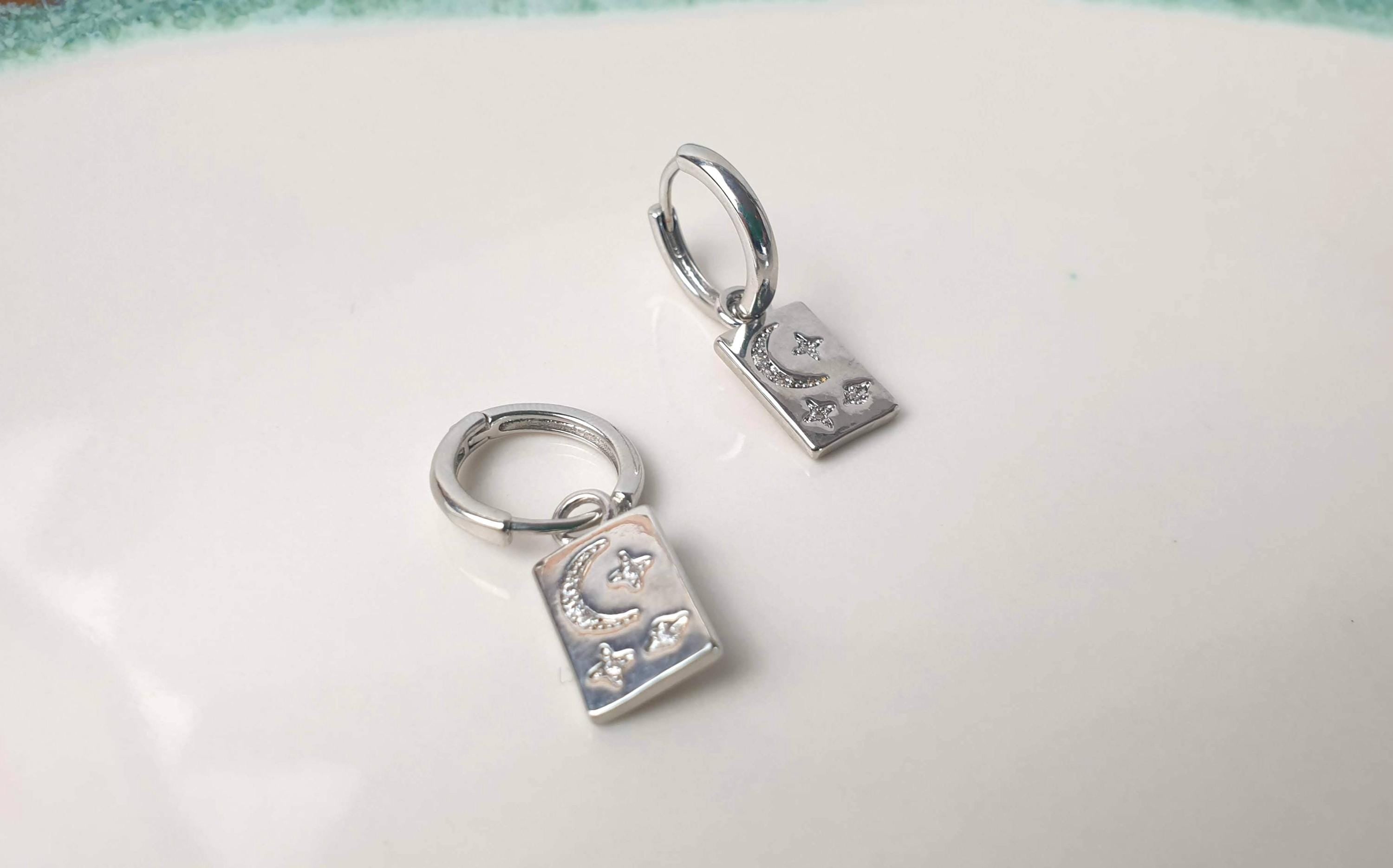 Hoop Earrings with dangle rectangle Moon and Stars in Sterling Silver, Crescent Moon Earrings, Lunar Celestial Jewelry