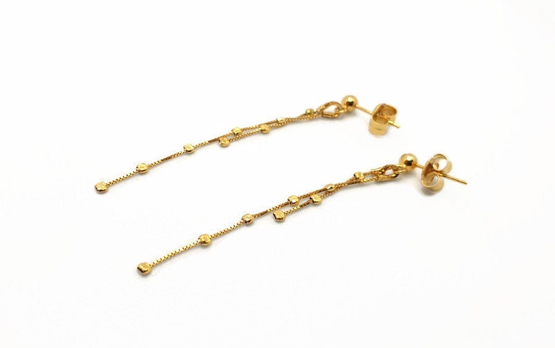 Gold Plated Silver Dangle Chain Earrings: Elegant Long Chain Ball Studs