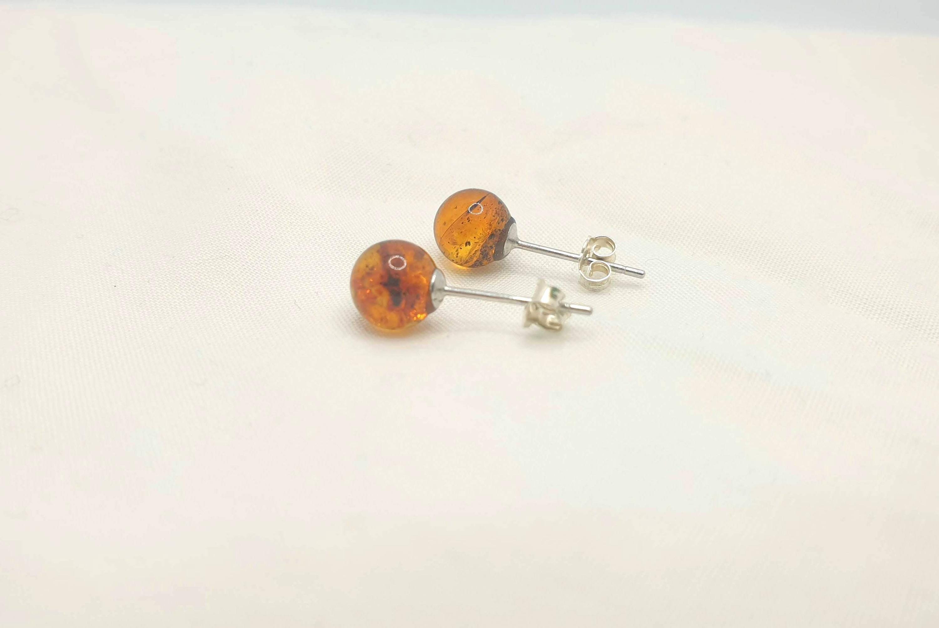 Baltic Amber Earrings – Cognac Amber Jewelry | Sterling Silver Studs, Minimalist Style