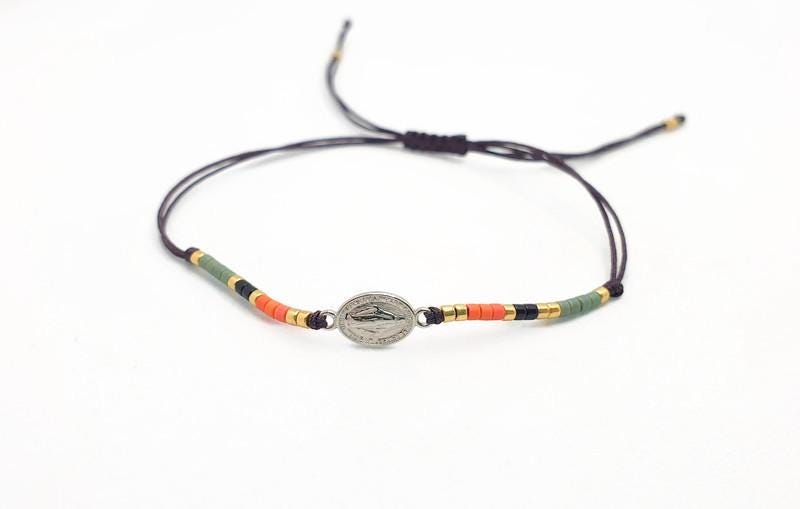Silver and Japanese Miyuki Seed Beads, Miraculous Mary Medal Bracelet, Adjustable String Threat Silde Bracelet