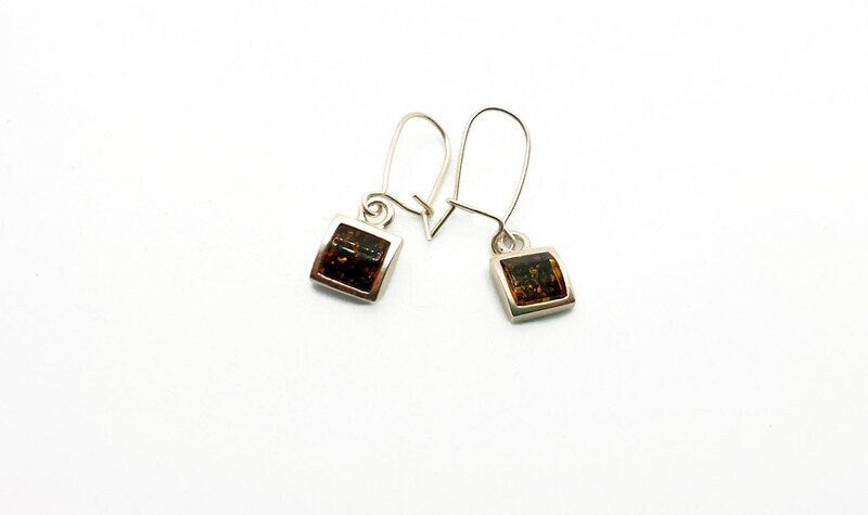 Baltic Amber Earrings - Sterling Silver Square Dangle Earrings Cognac & Green