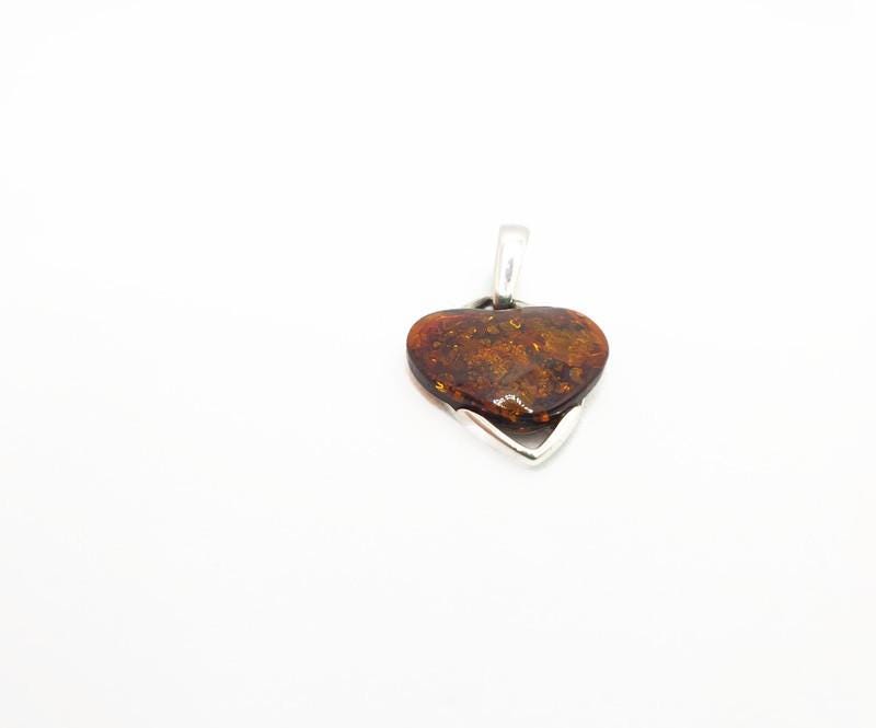 Baltic Amber Pendant – Hand Carved Amber Heart Pendant in Sterling Silver