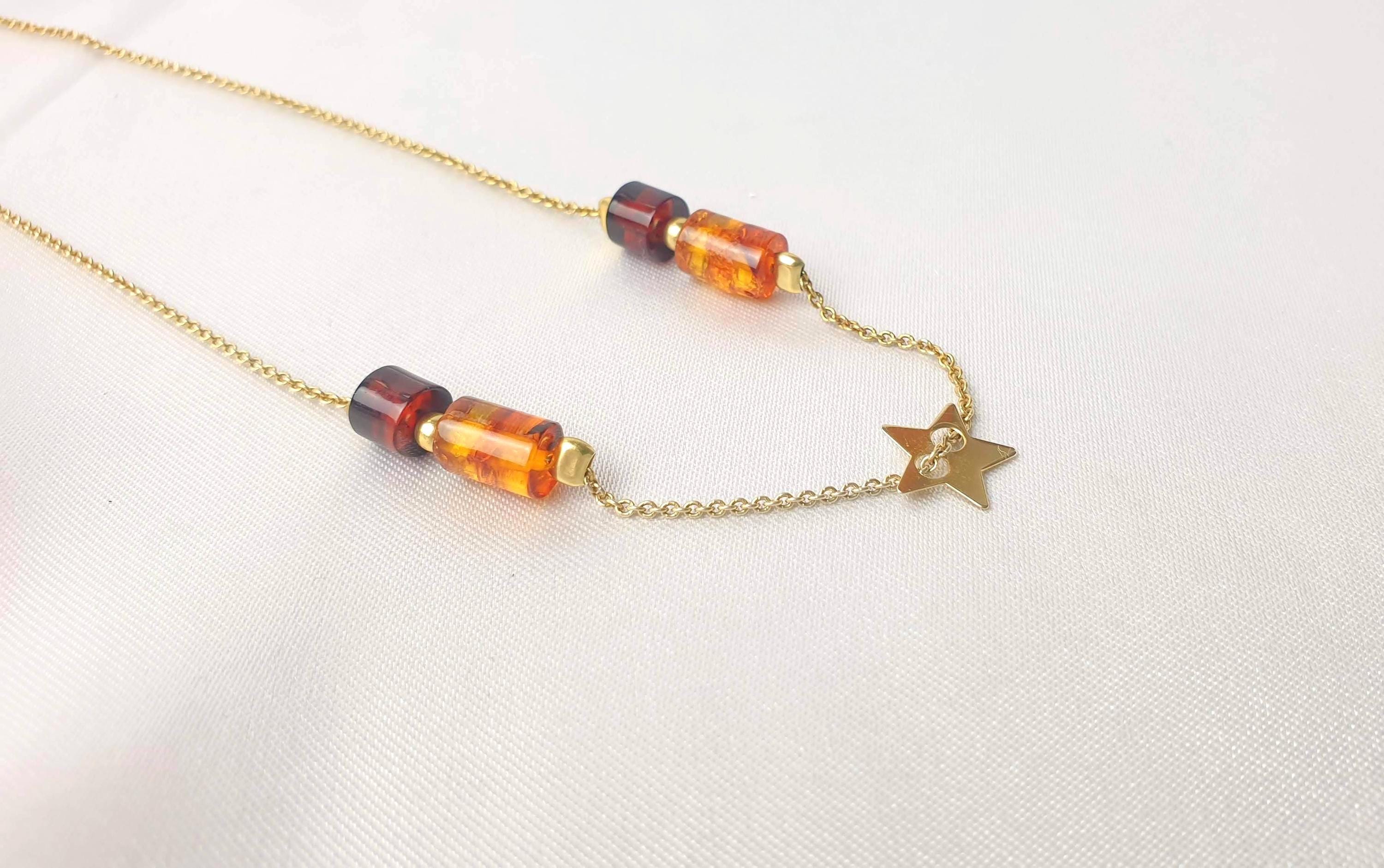 Baltic Amber Necklace Gold Plated - Adjustable Barrel Cut Amber Chain & Cherry Star Charm