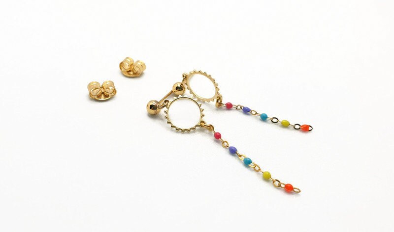 Boho Sun Dangle Earrings: Gold Plated Silver with Colorful Enamel