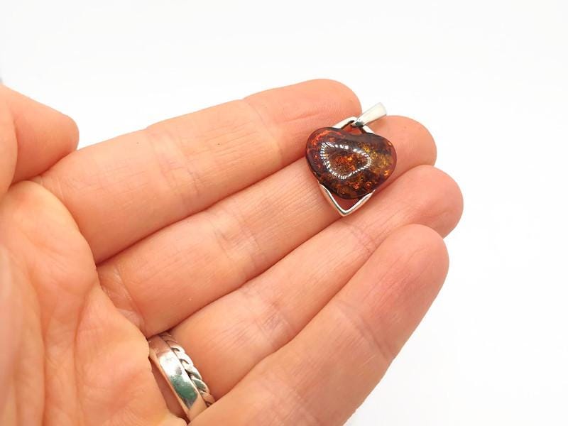 Baltic Amber Pendant – Hand Carved Amber Heart Pendant in Sterling Silver