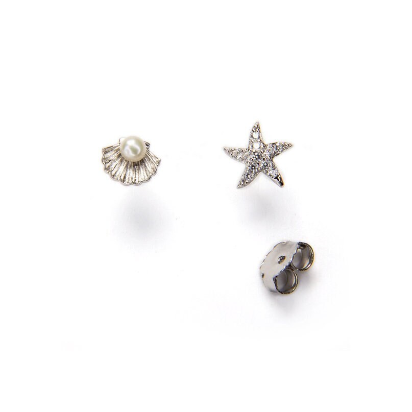 Sterling Silver Stud Earrings | Starfish Seashell Pearl & Cubic Zirconia Studs