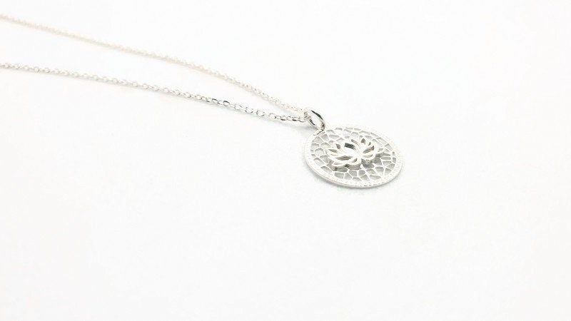 Lotus Flower Sterling Silver 925 Pendant Chain Necklace, Circle Mandala Floral Yoga Necklace