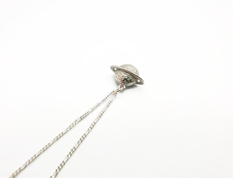 Sterling Silver Saturn Planet Pendant Necklace with long Chain,Celestial Jewelry