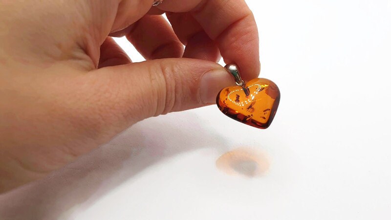 Baltic Amber Pendant - Handmade Cognac Amber Heart Shaped Jewelry with Sterling Silver
