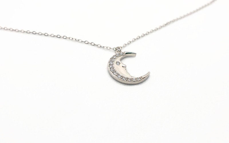 Sterling Silver Crescent Moon Necklace: Zircon Celestial Pendant