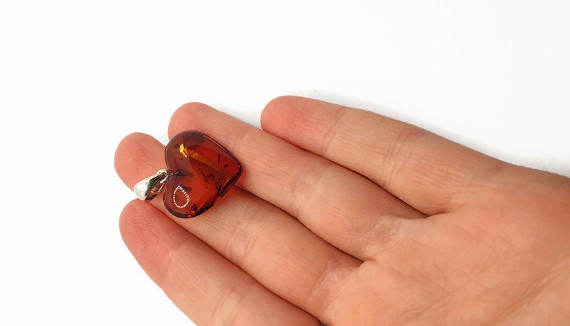 Baltic Amber Pendant - Handmade Cognac Amber Heart Shaped Jewelry with Sterling Silver