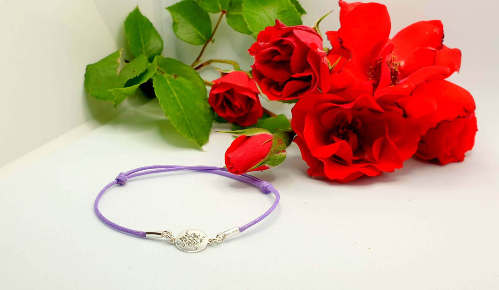 Sterling Silver Rose Bracelet – Adjustable Lavender Cord With Engraved Flower Charm