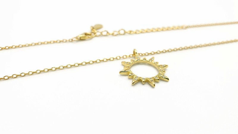 Gold Plated Silver Sunburst Necklace: Boho Cubic Zirconia Sun Pendant