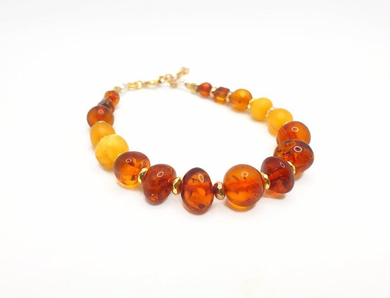 Baltic Amber Bracelet – Cognac Amber Beads, Gold Hematite Spacer & Sterling Silver Jewelry
