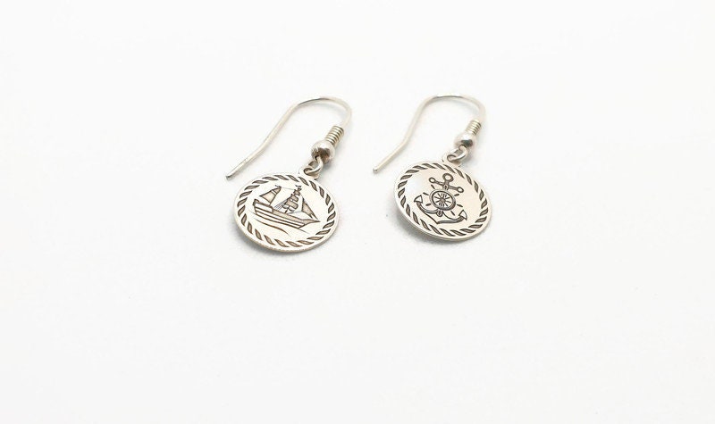 Sterling Silver Earrings - Nautical Dangle Earrings with Anchor Ship Charms