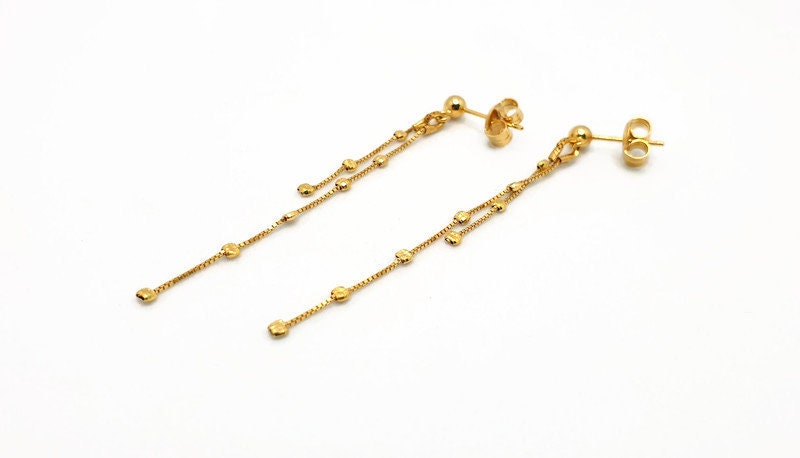 Gold Plated Silver Dangle Chain Earrings: Elegant Long Chain Ball Studs