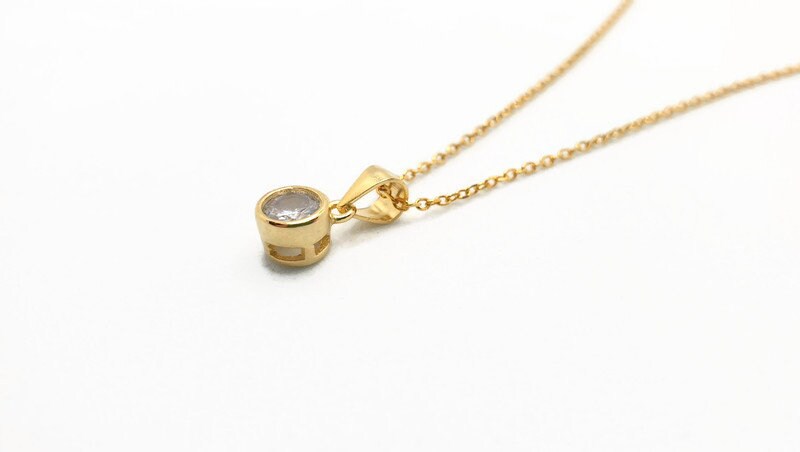 Cubic Zirconia and 18K Gold Plated Silver Necklace, Minimalist Elegant Pendant, Gemstone Quartz Jewelry