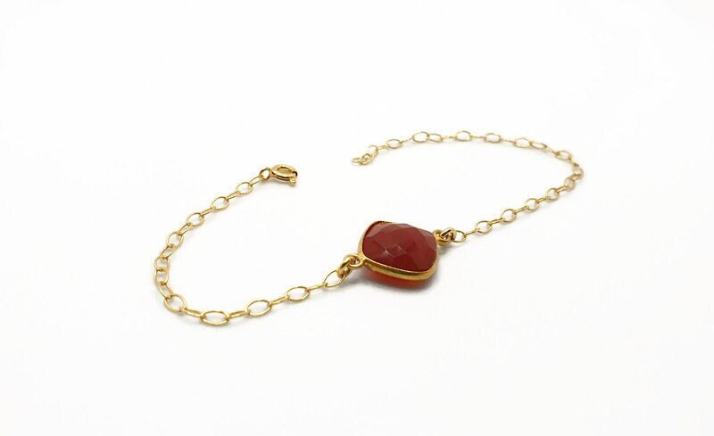 Red Carnelian Bracelet – Gold Plated Adjustable Link, Faceted Gemstone Jewelry