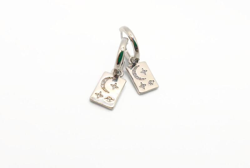 Hoop Earrings with dangle rectangle Moon and Stars in Sterling Silver, Crescent Moon Earrings, Lunar Celestial Jewelry