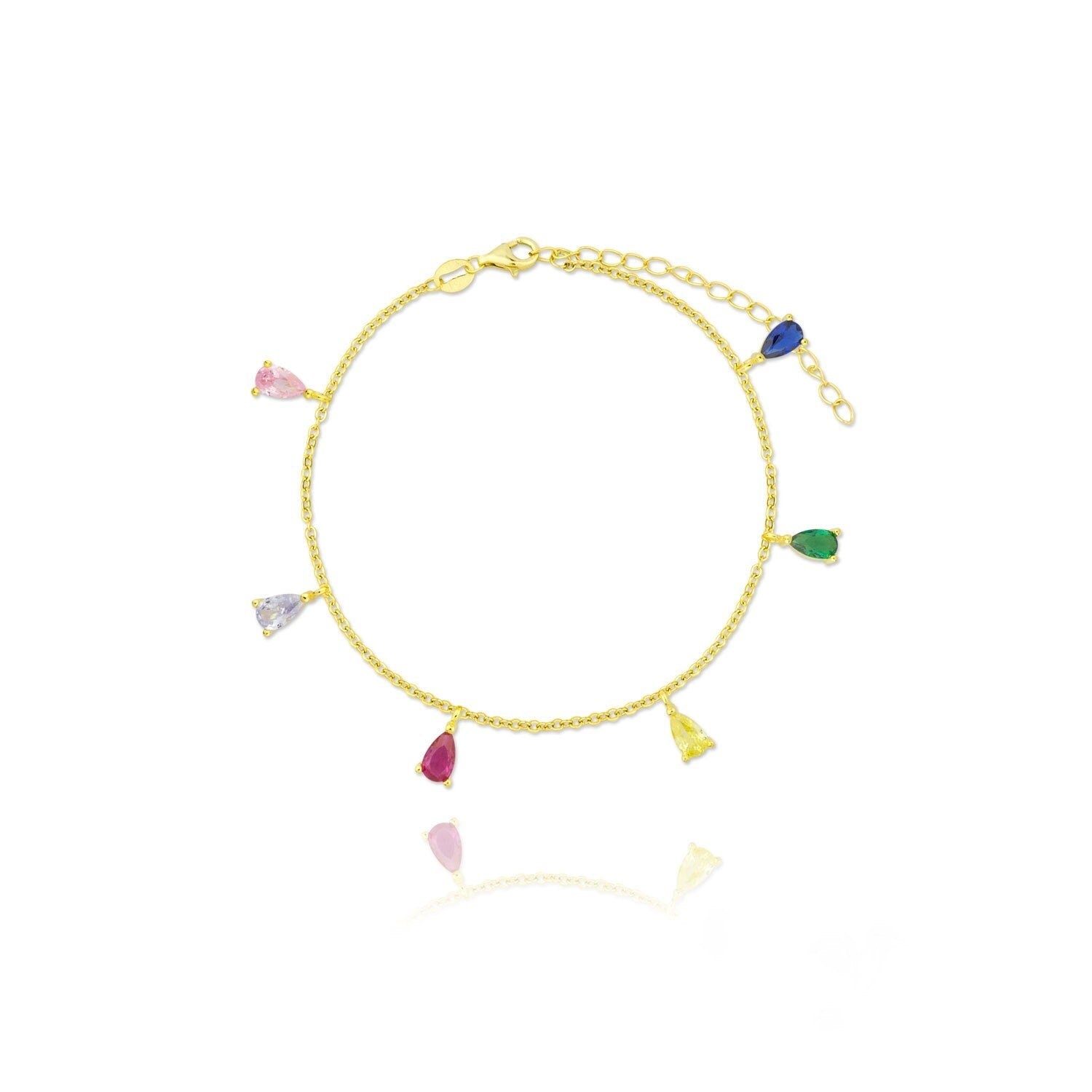 Gold Plated Bracelet – 18K Silver Chain With Multicolor Cubic Zirconia Charms
