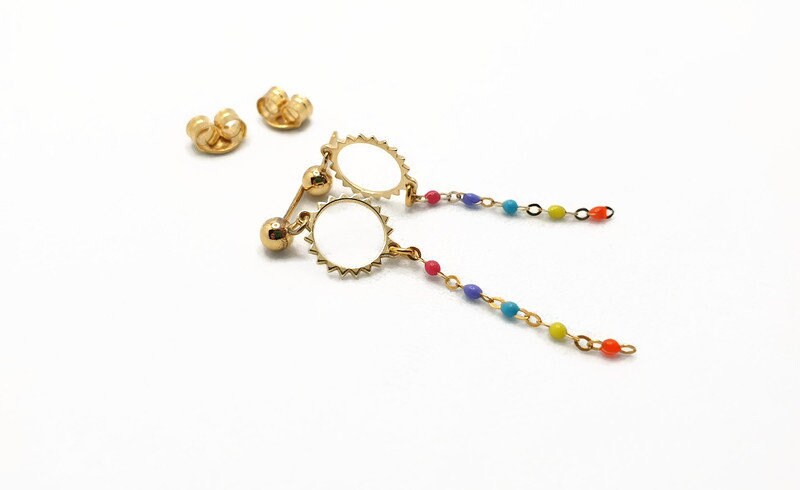Boho Sun Dangle Earrings: Gold Plated Silver with Colorful Enamel