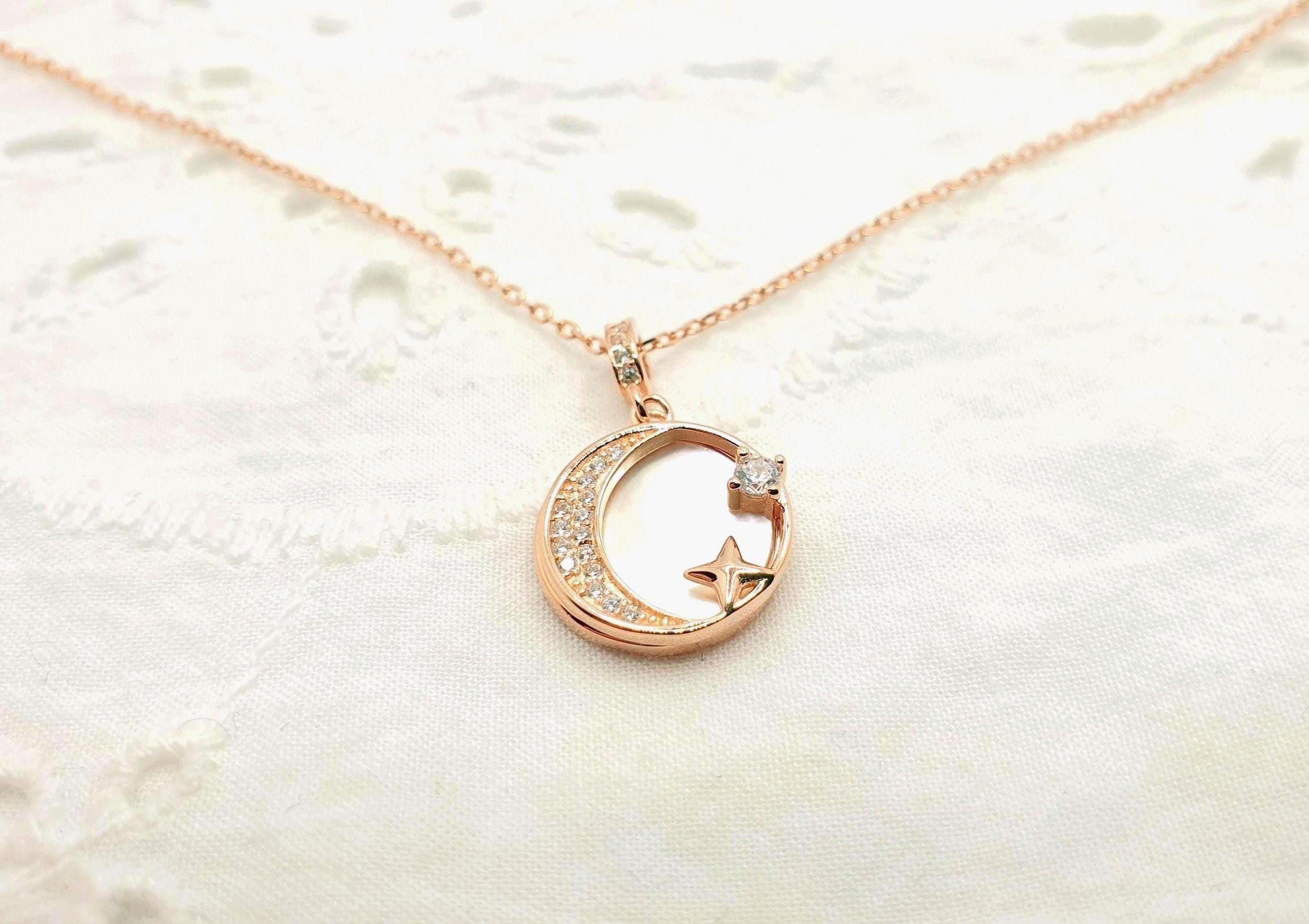 Rose Gold Crescent Moon Necklace: Mother of Pearl Star Pendant