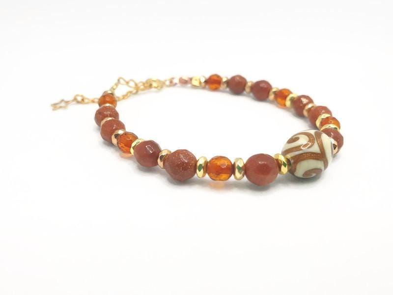 Goldstone Bracelet - Adjustable Wrist Gemstone Jewelry With Amber & Hematite