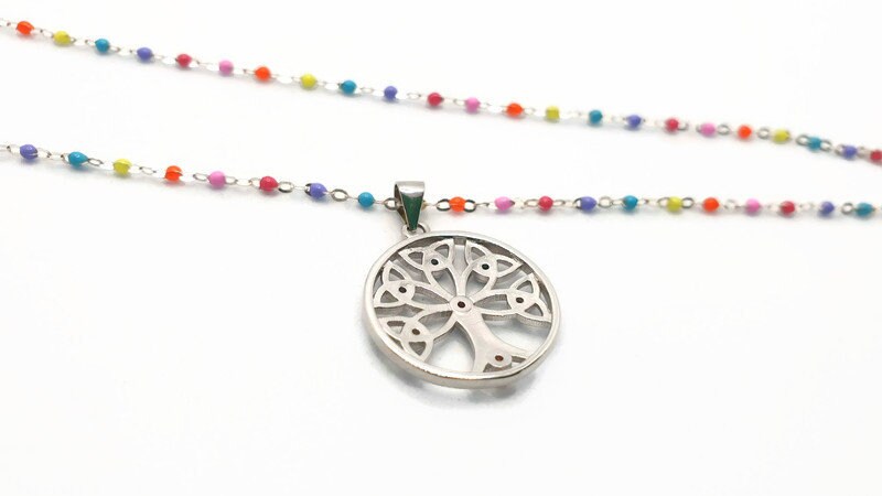 Sterling Silver Tree of Life Necklace: Colorful Enamel Chain, Cubic Zirconia Pendant