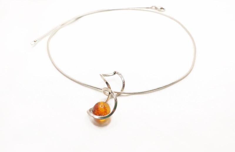 Baltic Amber Necklace - Honey Amber Pendant with Sterling Silver Spiral Chain