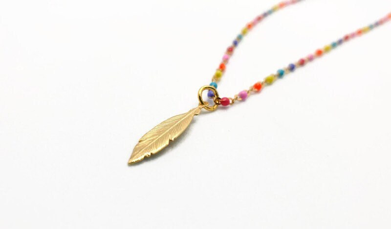 Gold Feather Necklace – Boho Multicolor Enamel Chain | 18K Gold Plated Silver Pendant