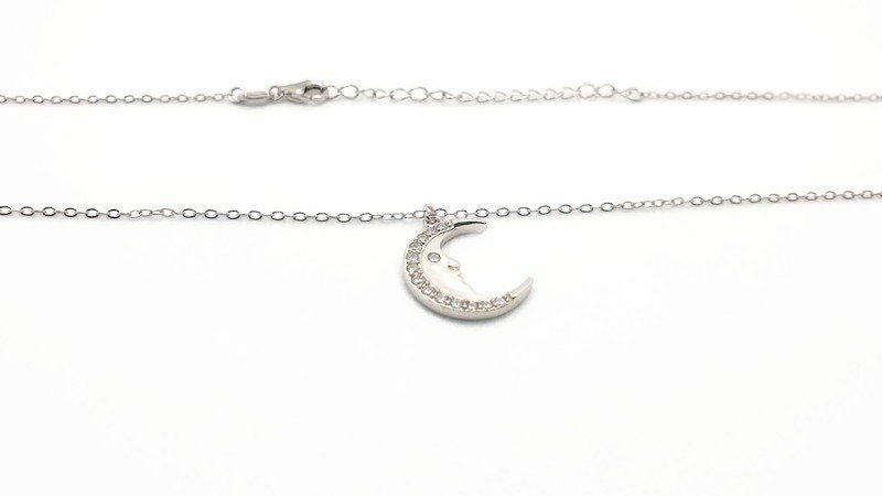 Sterling Silver Crescent Moon Necklace: Zircon Celestial Pendant