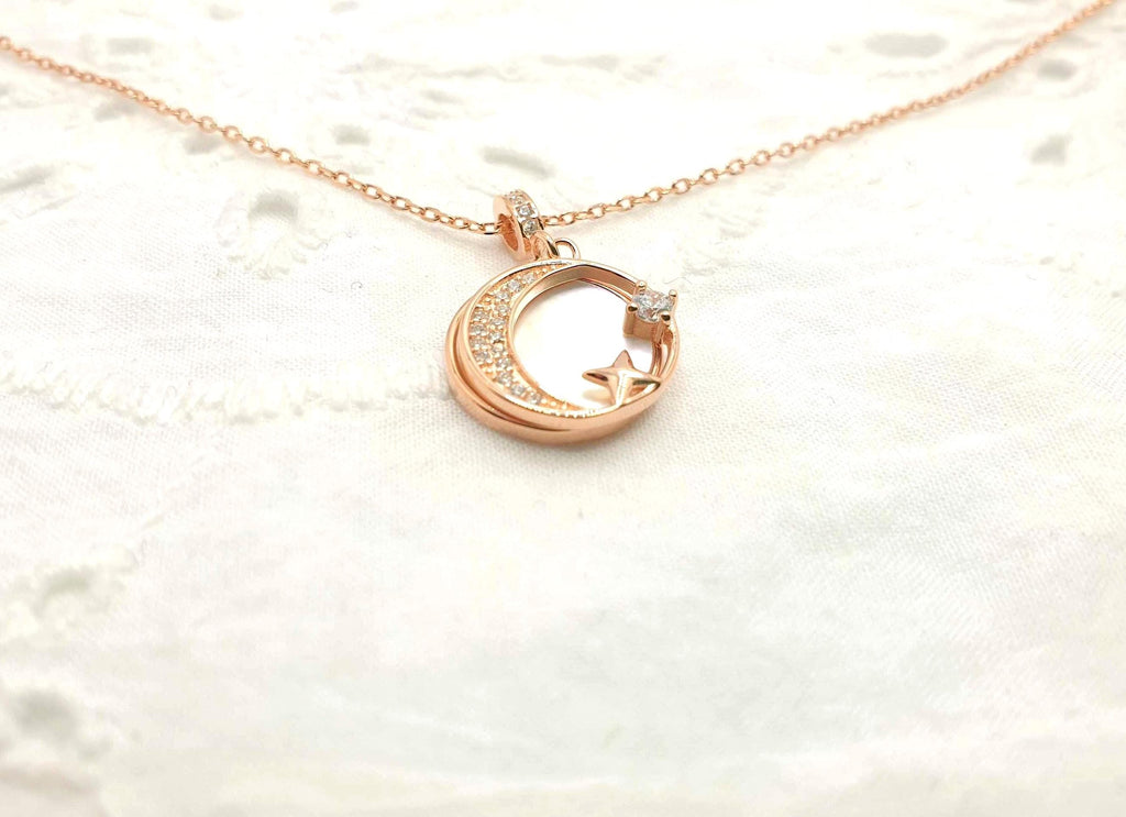 Rose Gold Crescent Moon Necklace: Mother of Pearl Star Pendant