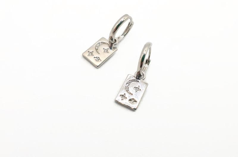 Hoop Earrings with dangle rectangle Moon and Stars in Sterling Silver, Crescent Moon Earrings, Lunar Celestial Jewelry