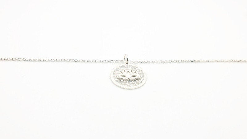 Lotus Flower Sterling Silver 925 Pendant Chain Necklace, Circle Mandala Floral Yoga Necklace