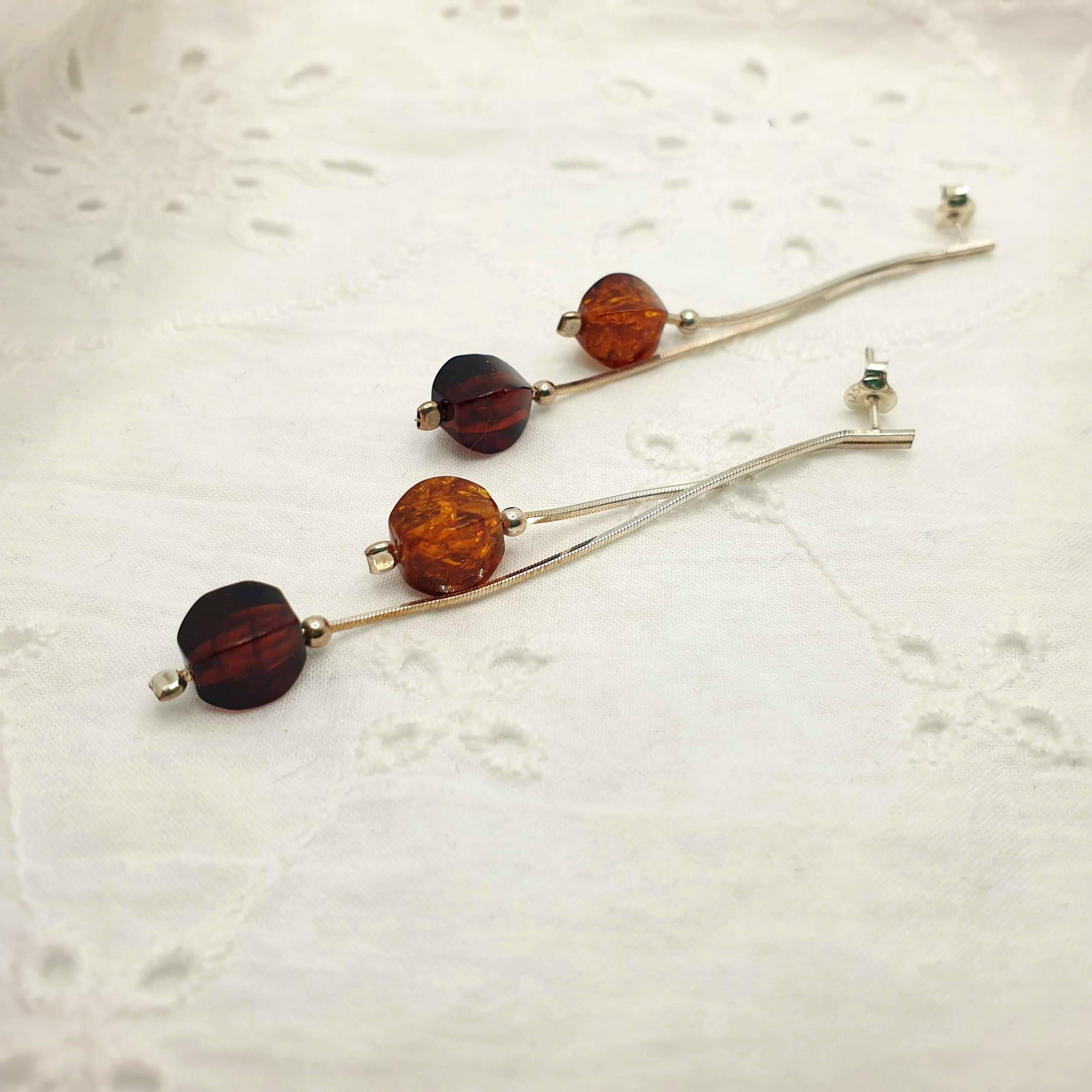 Baltic Amber Earrings – Long Cognac Cherry Faceted Amber Dangle Sterling Silver