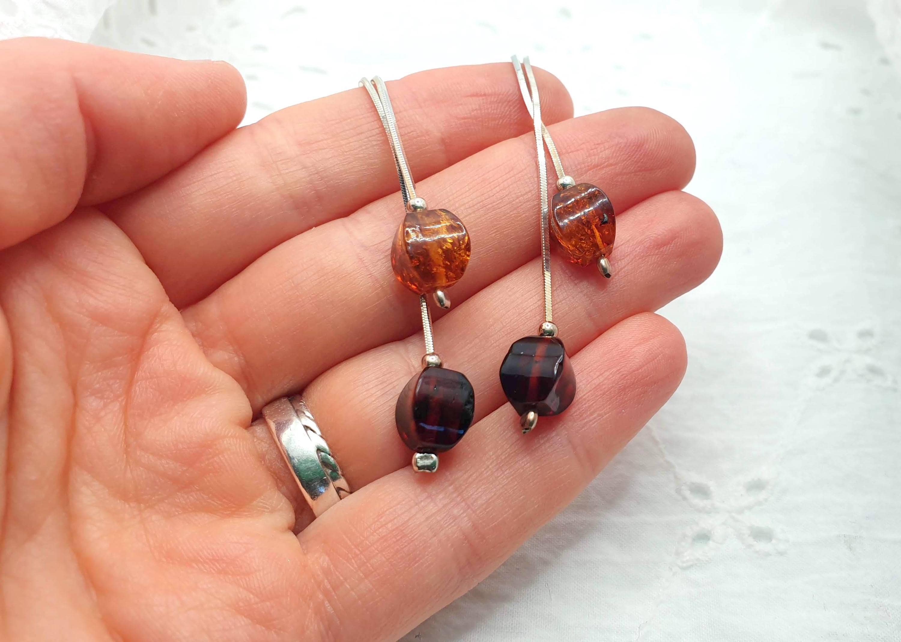 Baltic Amber Earrings – Long Cognac Cherry Faceted Amber Dangle Sterling Silver