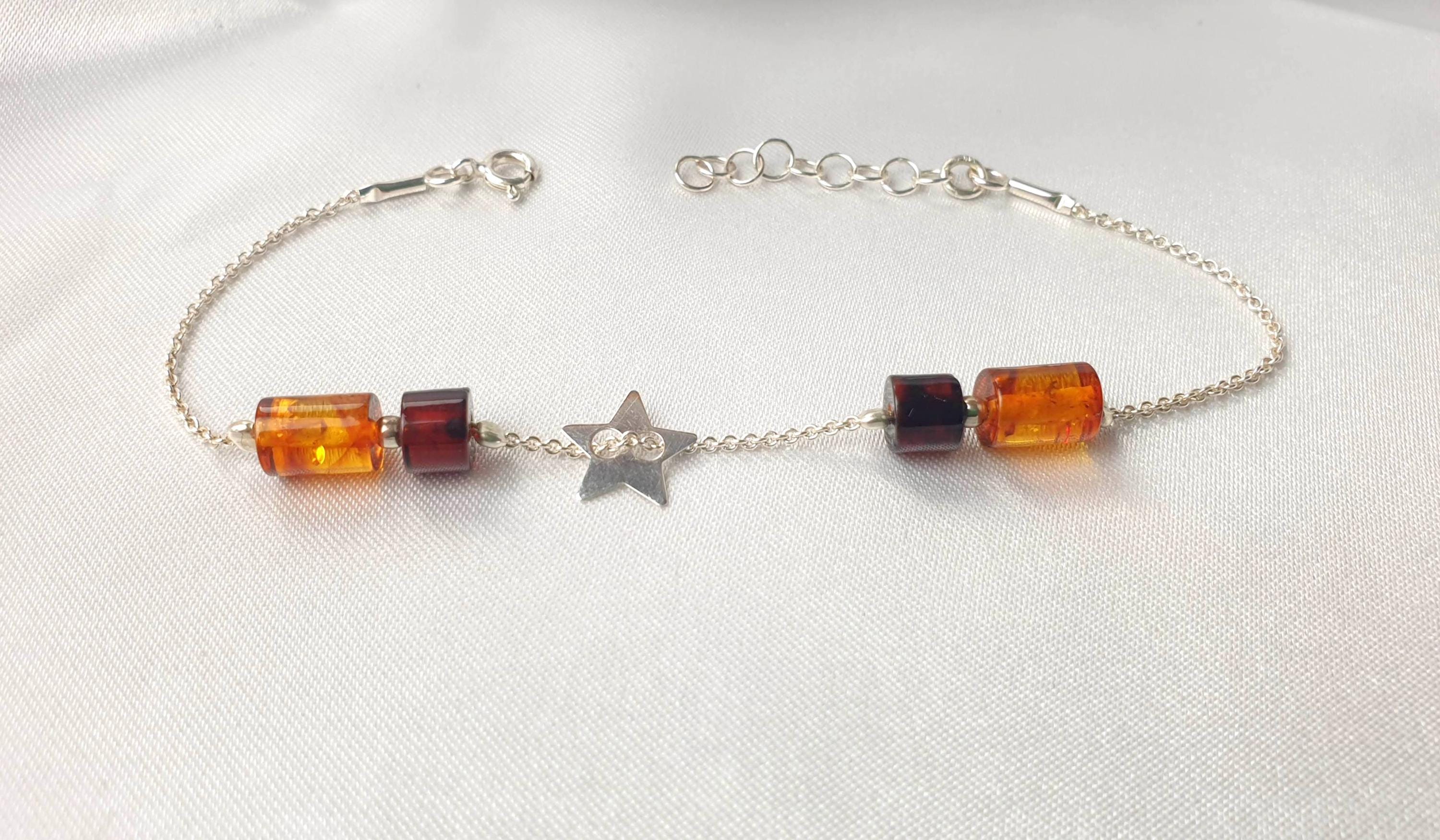 Baltic Amber Bracelet – Adjustable Star Design With Honey Cognac Amber & Sterling Silver