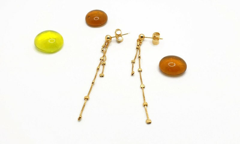 Gold Plated Silver Dangle Chain Earrings: Elegant Long Chain Ball Studs