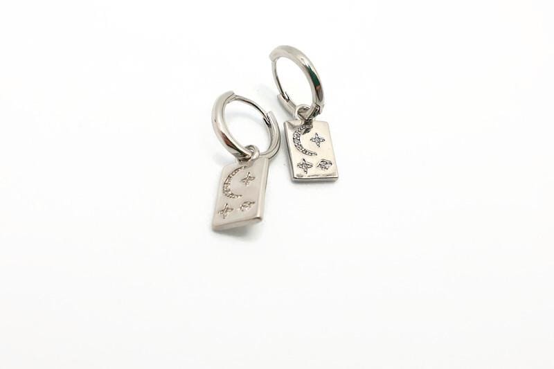 Hoop Earrings with dangle rectangle Moon and Stars in Sterling Silver, Crescent Moon Earrings, Lunar Celestial Jewelry