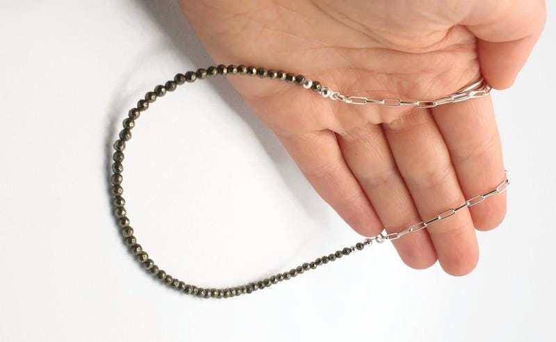 Hematite and Sterling Silver beaded necklace with silver chain, natural gemstone jewelry
