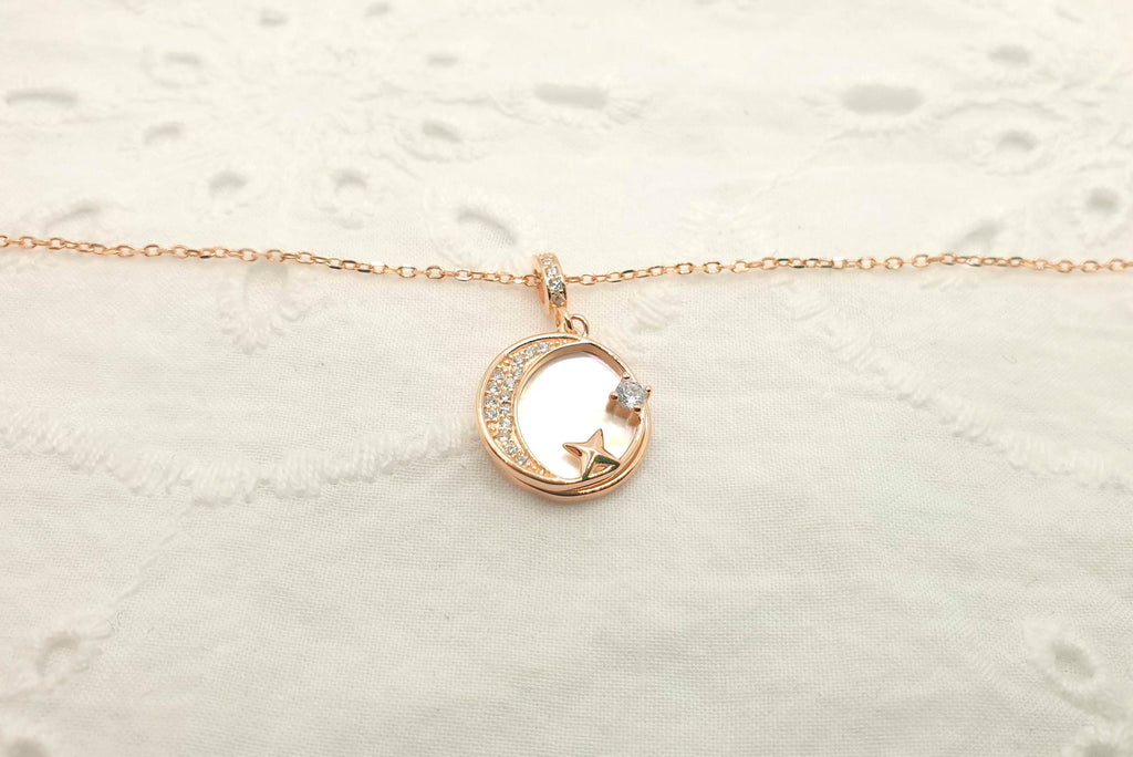 Rose Gold Crescent Moon Necklace: Mother of Pearl Star Pendant