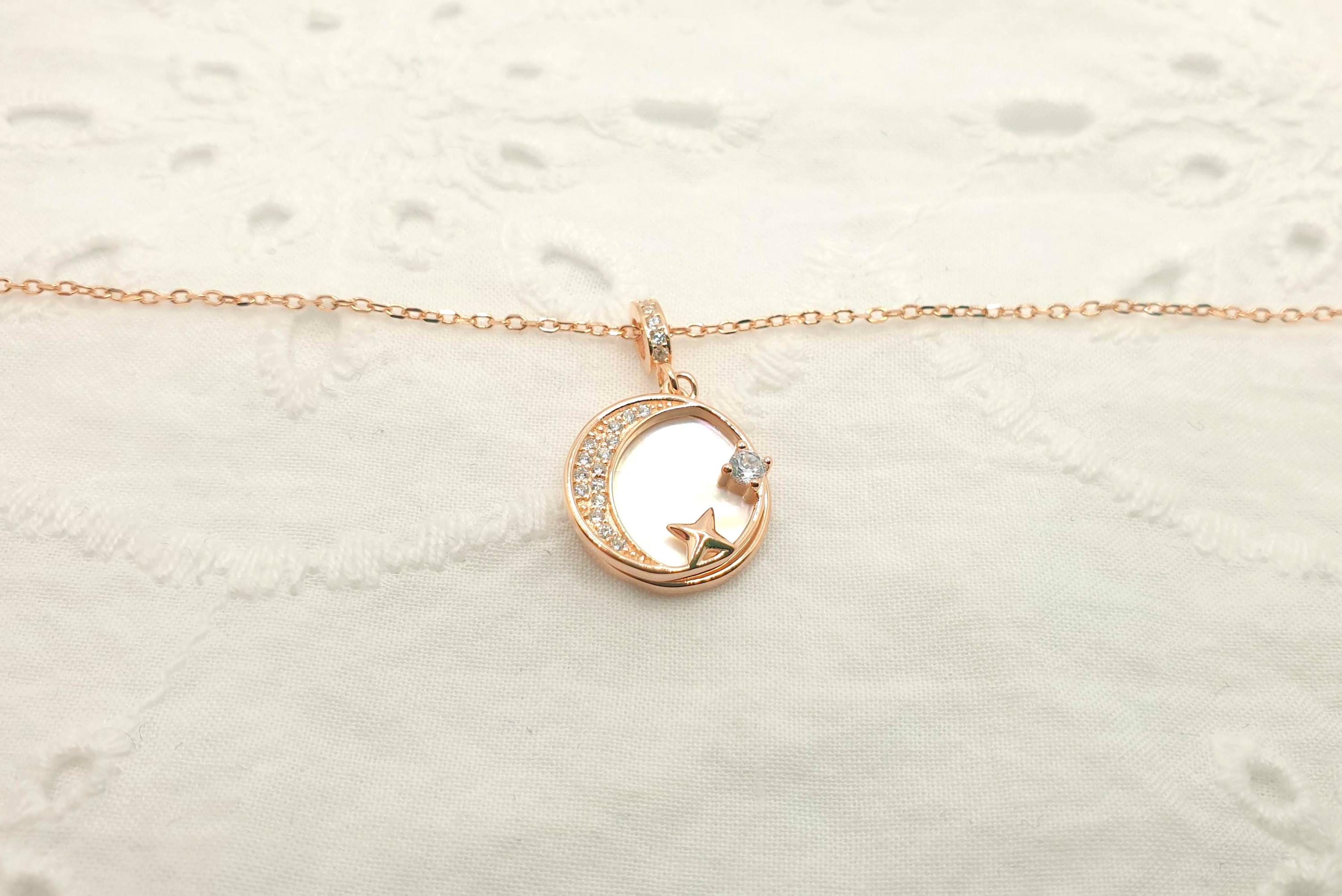 Rose Gold Crescent Moon Necklace: Mother of Pearl Star Pendant